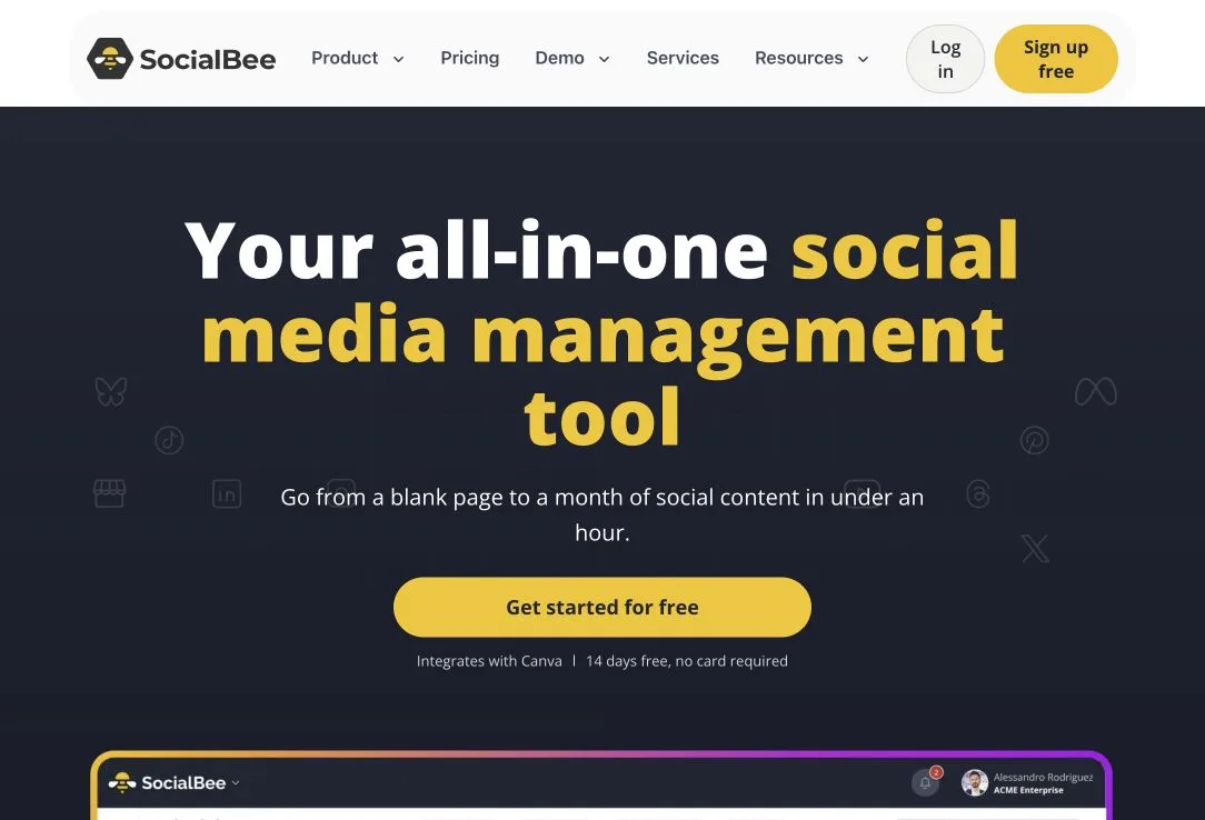 SocialBee public landing page hero or marketplace listing